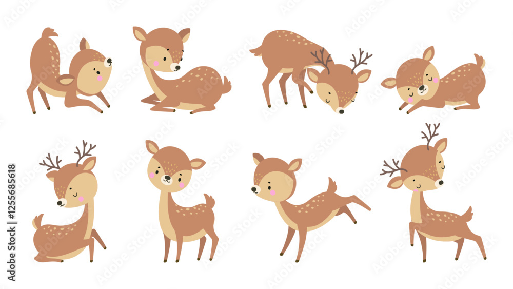 Fototapeta premium Cute deer. Cartoon deers play run and sleep. Adorable forest animals in various poses, resting and activity. Childish characters, funny nowaday vector wild characters