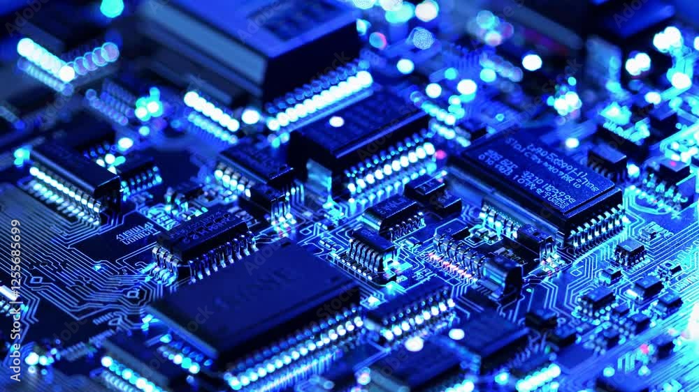 Close-up of illuminated circuit board showcasing intricate electronic components.