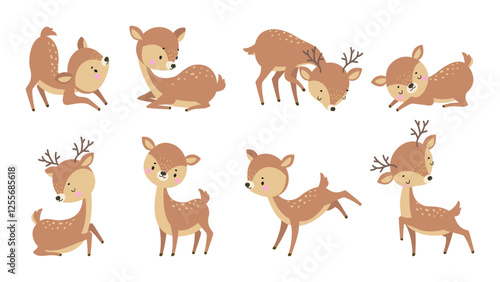 Cute deer. Cartoon deers play run and sleep. Adorable forest animals in various poses, resting and activity. Childish characters, funny nowaday vector wild characters