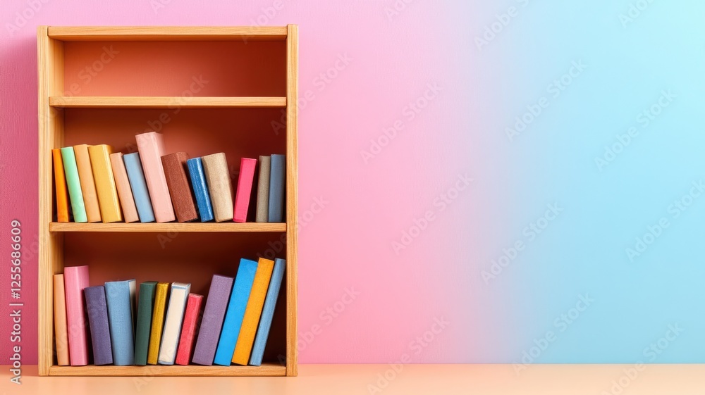 Books on wooden shelf against colorful gradient background