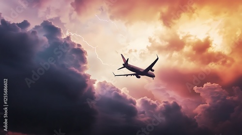 A plane is flying through a stormy sky