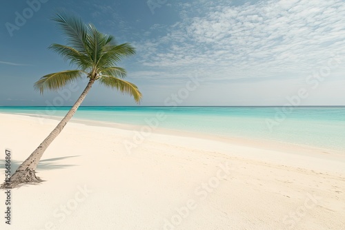 Tranquil beach scene with leaning palm tree and azure waters inv