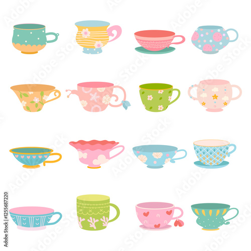 Different cartoon cups. Adorable teacup with cute girly design. Plastic crockery for girl play, cup with decorations and prints. Fairytale mugs nowaday vector set