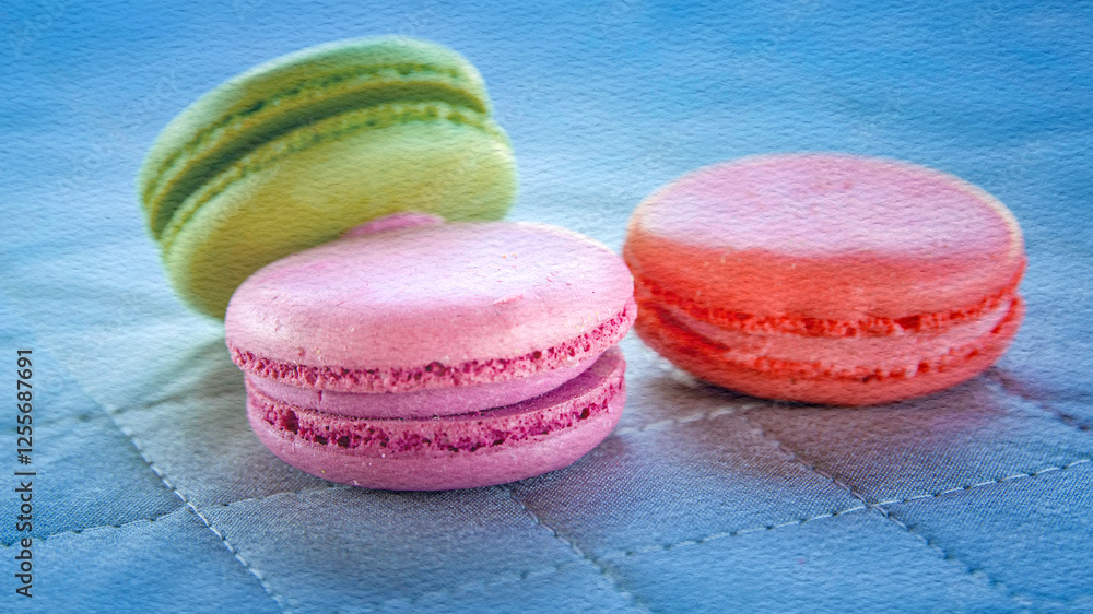 Three macarons of different colors are arranged on a blue background Three macarons of different colors are arranged on a blue background