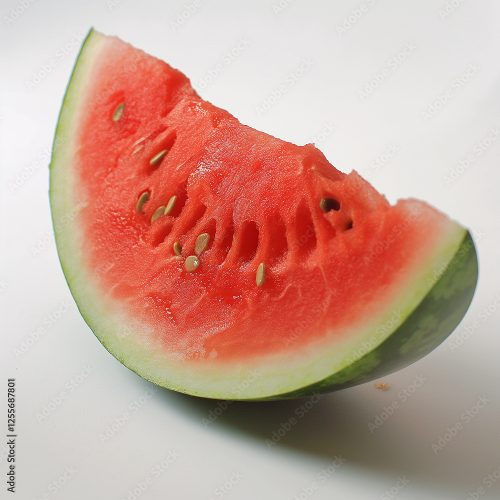 A vibrant slice of juicy watermelon, with a noticeable bite taken out of its rich red flesh, showcasing its refreshing nature as a delicious fruit, ideal for hot summer days and packed with nutrients A vibrant slice of juicy watermelon, with a noticeable bite taken out of its rich red flesh, showcasing its refreshing nature as a delicious fruit, ideal for hot summer days and packed with nutrients