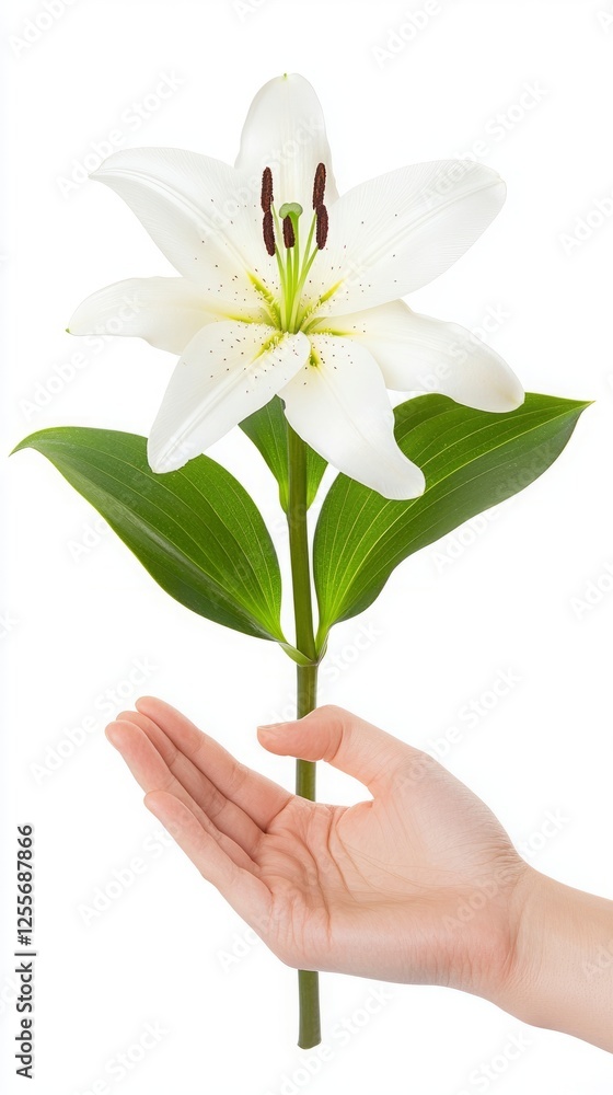 A delicate white lily is held gently in a hand, showcasing its elegant petals and vibrant green leaves against a white background. A delicate white lily is held gently in a hand, showcasing its elegant petals and vibrant green leaves against a white background.