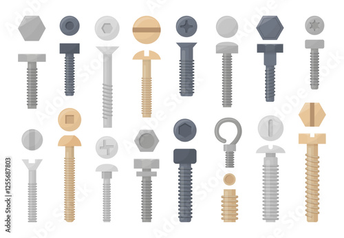 Flat bolts and screws. Cartoon screw and nail, silver and golden stainless tools for repair, construction. Fasteners with different threads neoteric vector set