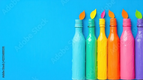 Colorful Bottles with Leaf Sprouts on Blue Background Representing Creativity, Art, and Playfulness in a Modern Design Aesthetic Environment