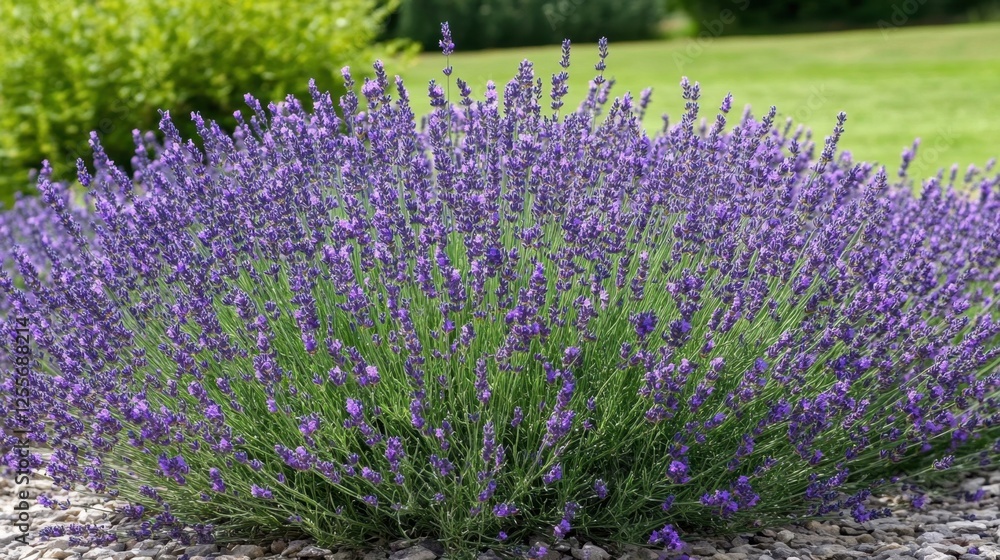 Obraz premium Lavender field in full bloom with rows of fragrant purple flowers stretching into the distance.