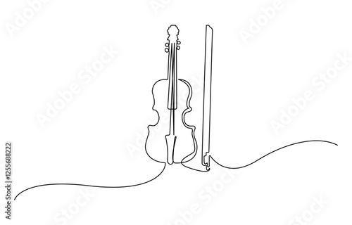 violin continuous line art drawing, Musical instrument for decoration, design, banners, festival invitations, music shop. Stringed music instruments concept. Vector