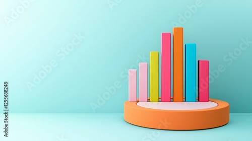 Marketing research reveals consumer insights. Colorful bar graph on a circular base against a light blue background.