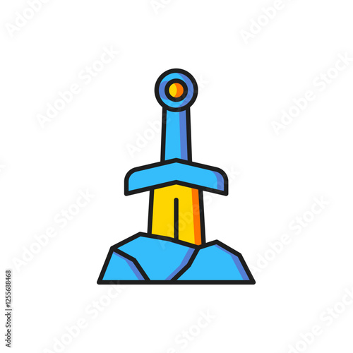 Color Sword in the stone icon isolated on white background. Excalibur the sword in the stone from the Arthurian legends. Flat filled outline style with shadow. Vector