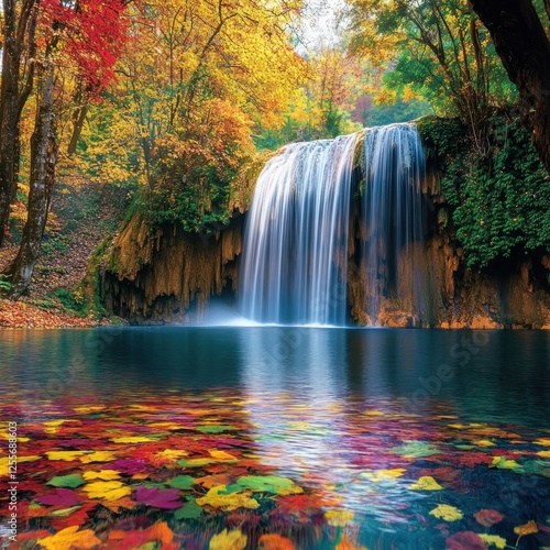 Autumn Waterfall, Forest Pool, Colorful Leaves. Nature Scene, Calendar