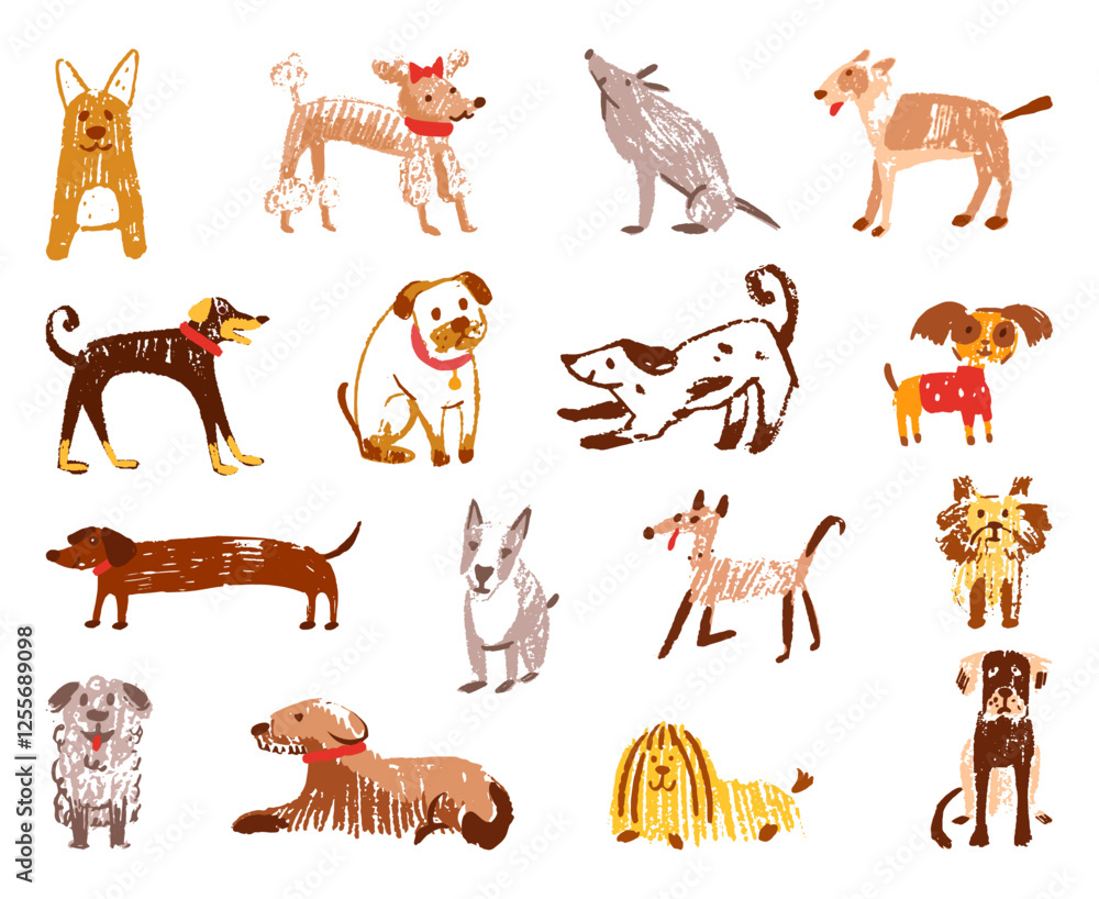 Fototapeta premium Children style drawing dogs. Colored pencil dog, crayon stylish animals. Childish hand drawn terrier bulldog poodle puppy. Isolated neoteric vector characters