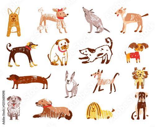 Children style drawing dogs. Colored pencil dog, crayon stylish animals. Childish hand drawn terrier bulldog poodle puppy. Isolated neoteric vector characters