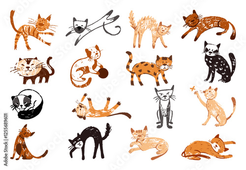 Pencil drawing cats. Crayon drawn childish style cat and kitten. Isolated pets characters in different poses. Lazy and active animals, neoteric vector characters