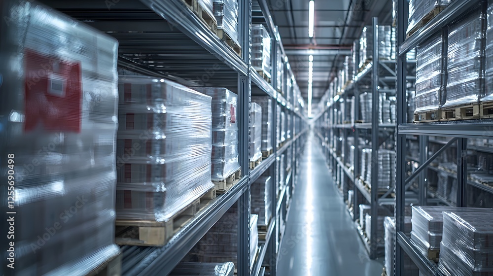 Courier Convenient Loading Standards, Organized Warehouse Shelves with Sealed Packages in Symmetrical Perspective Courier Convenient Loading Standards, Organized Warehouse Shelves with Sealed Packages in Symmetrical Perspective