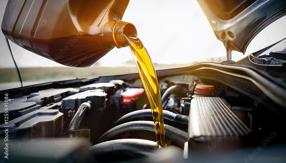 Fototapeta premium proces wlewania nowego oleju do silnika samochodu uchwycony w trakcie wymiany nowy wie y olej przelewa si z kanistra gotowy do zapewnienia lepszej wydajno ci i ochrony silnika