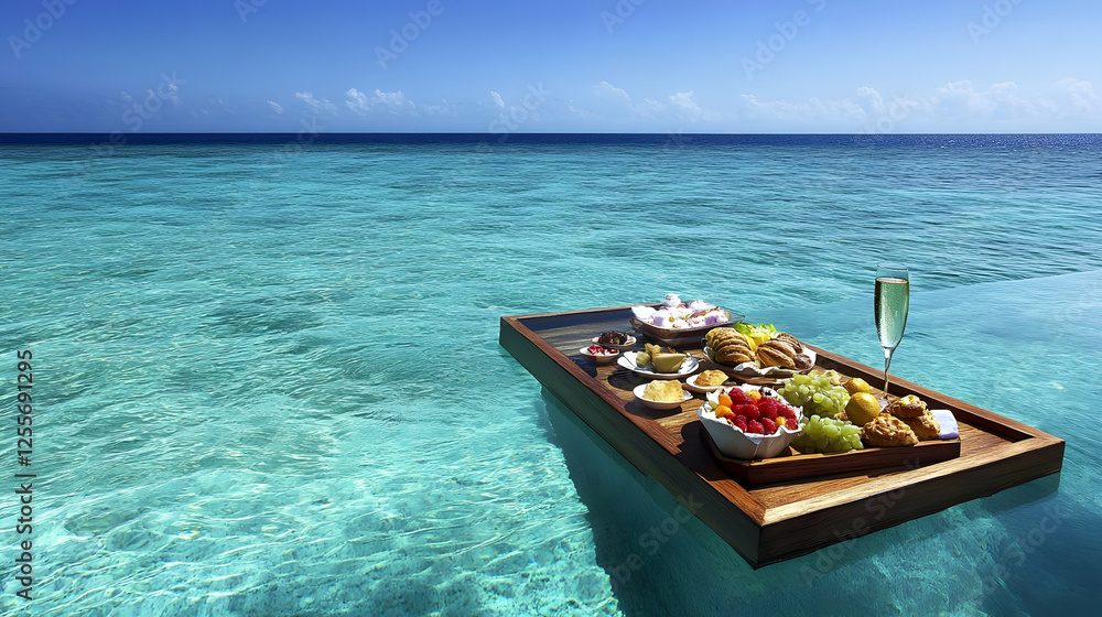 Obraz premium Luxury Floating Breakfast: Tropical Getaway in Paradise