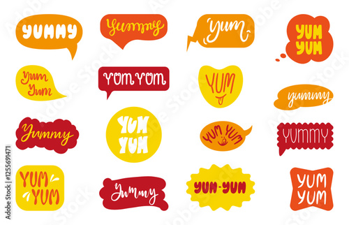 Yummy speech bubbles. Yum yum lettering, handwritten decorative stickers design. Graphic for menu, cafe bar website, food package, neoteric vector set