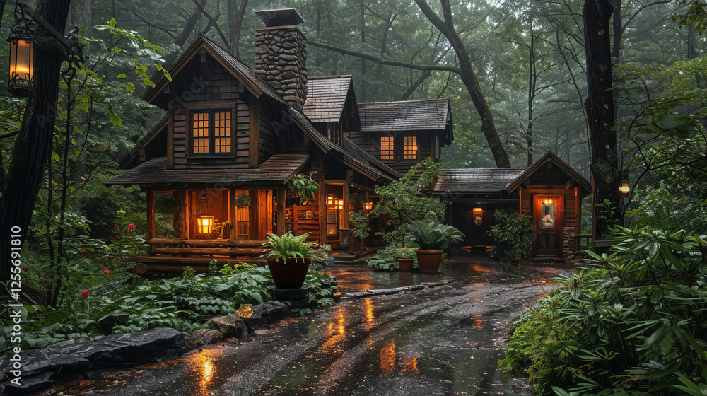 Obraz premium Cozy Log Cabin in Lush Forest After Rain Illuminated Windows Romantic Ambiance