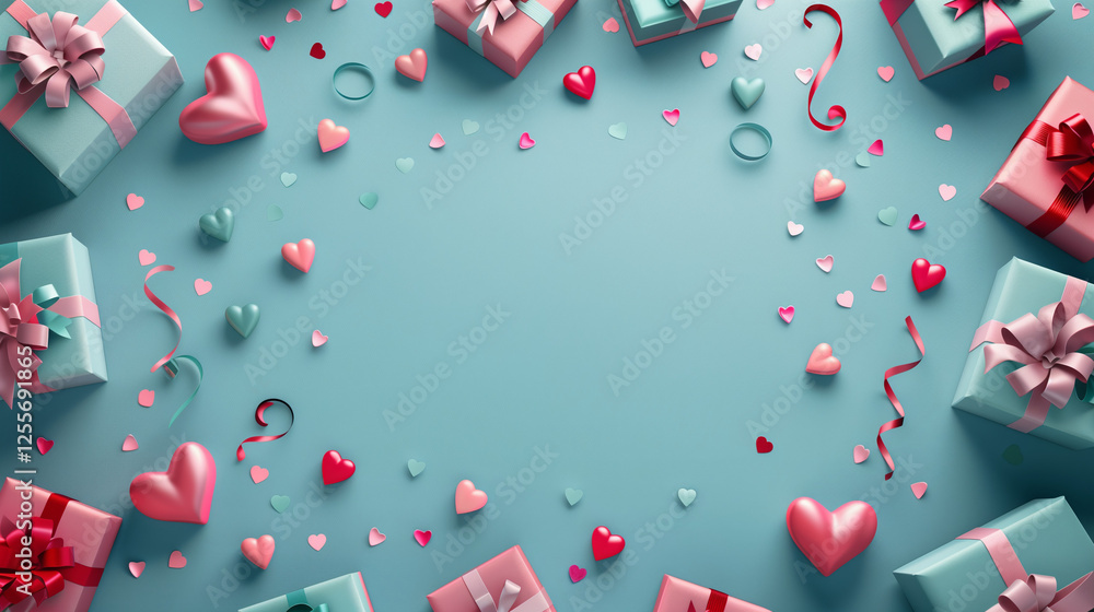 3D Valentine's Day background pink blue hearts presents ring confetti empty space poster 3D Valentine's Day background pink blue hearts presents ring confetti empty space poster