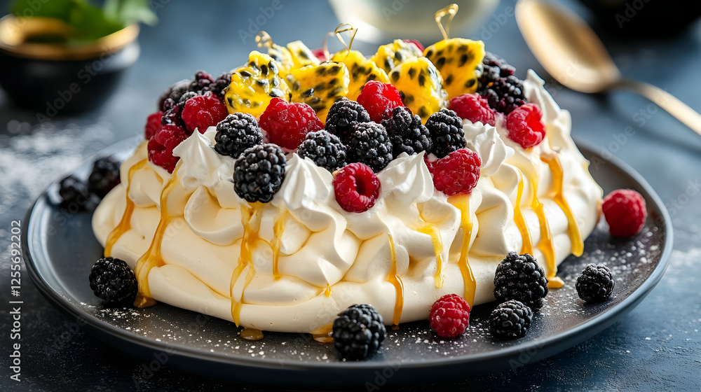 Delicious Pavlova Cake with Berries and Passion Fruit Delicious Pavlova Cake with Berries and Passion Fruit