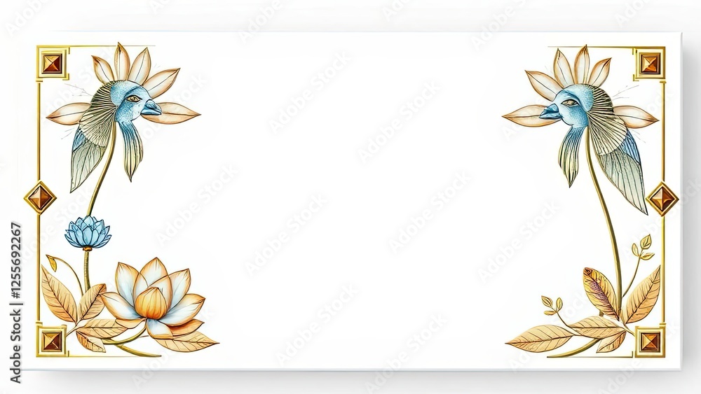 Obraz premium Elegant Bird Floral Design White Background Gold Frame Art Deco Nature Botanical Illustration
