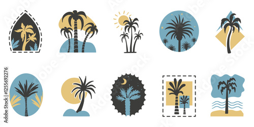 Palms boho style. Summer banners with doodle palm tree, sun and stars. Aesthetic elements, labels or stickers groovy design, neoteric vector set