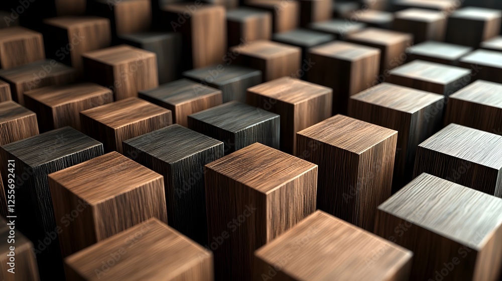 Geometric design of various shades of brown and dark wood cubes background, wallpaper, banner Geometric design of various shades of brown and dark wood cubes background, wallpaper, banner