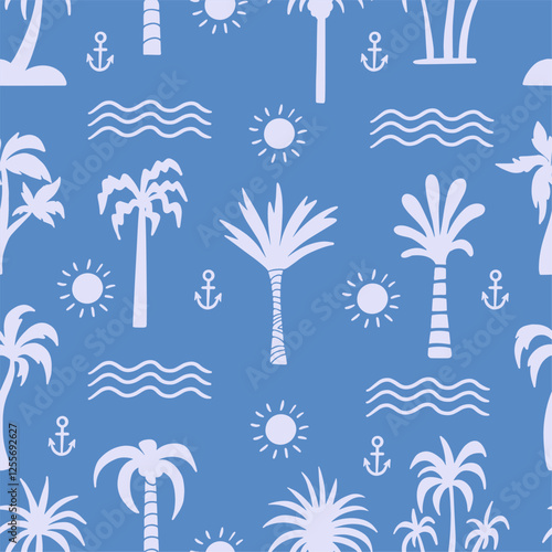 Beach doodle seamless pattern. Palm tree and line waves silhouettes. Summer vacation print for fabric, website backdrop, wallpaper, neoteric vector background