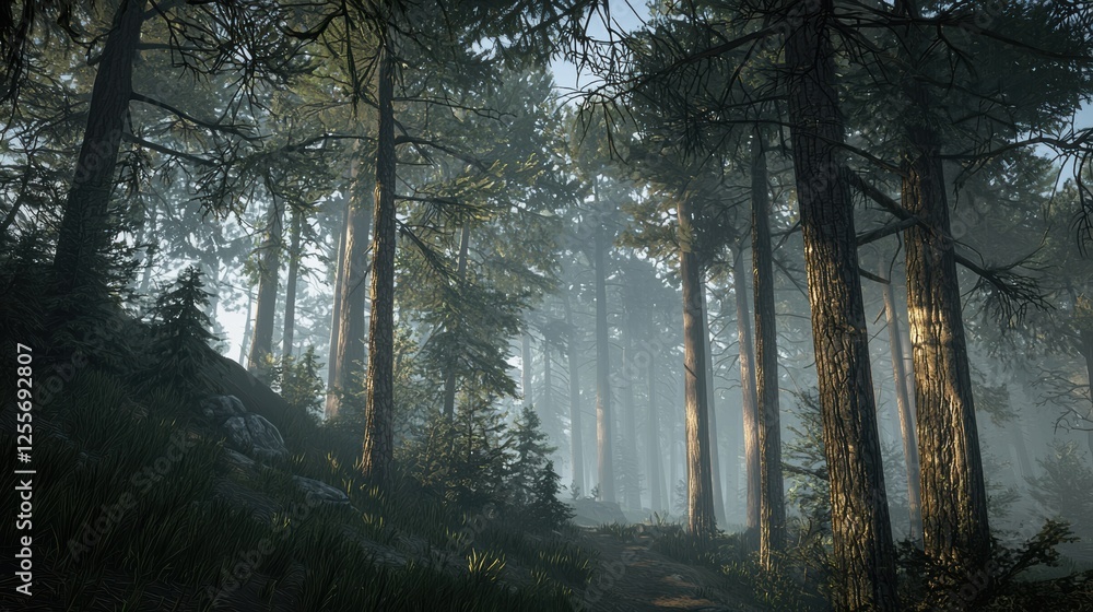 Obraz premium misty morning in the forest, misty pine forest at dawn, where soft sunlight peeks through the trees