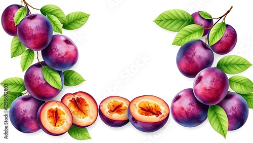 Fresh Plums Border Fruit Branch Ripe Purple Plums Healthy Food Isolated White Background