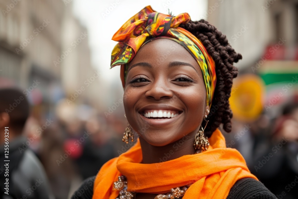 Young woman smiles brightly while wearing colorful headwrap and scarf in crowded city street during daytime Young woman smiles brightly while wearing colorful headwrap and scarf in crowded city street during daytime