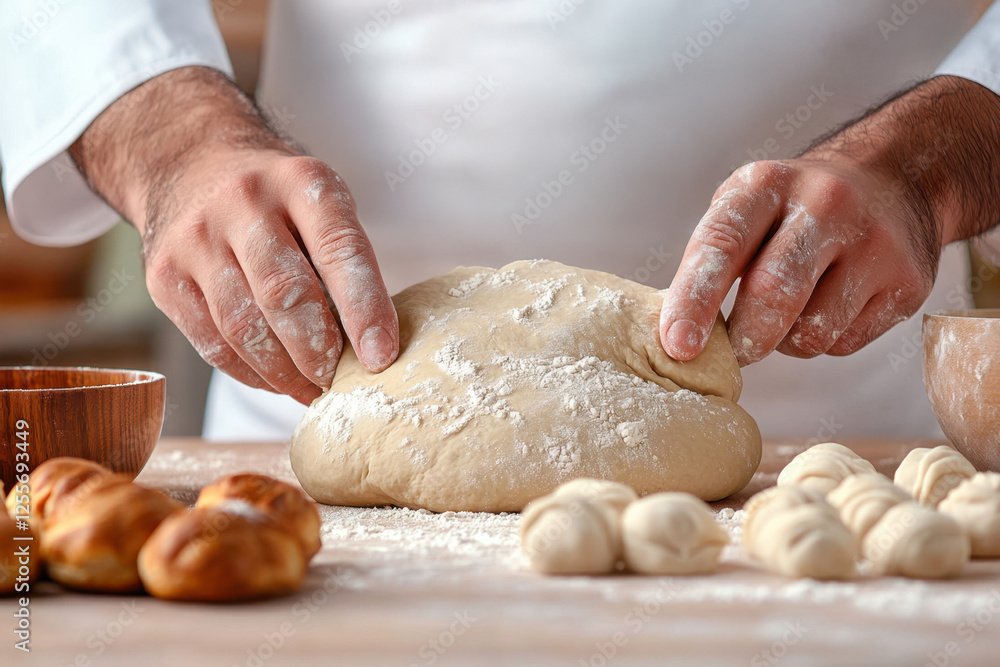 Eid Preparation Concept. Hands kneading dough on a wooden surface with baked goods nearby Eid Preparation Concept. Hands kneading dough on a wooden surface with baked goods nearby