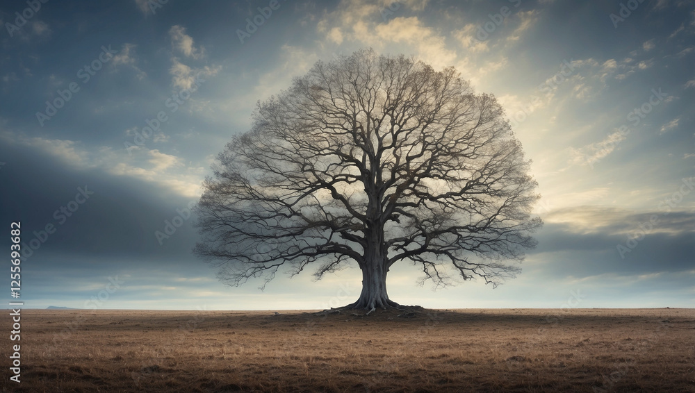 A Majestic Leafless Tree Standing Alone Against a Dramatic Sky Evoking a Sense of Solitude A Majestic Leafless Tree Standing Alone Against a Dramatic Sky Evoking a Sense of Solitude