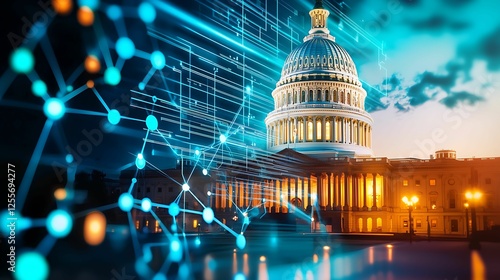 financial data, government building. A digitally enhanced image of the U.S. Capitol building at dusk, surrounded by a network of glowing lines, symbolizing technology and connectivity.