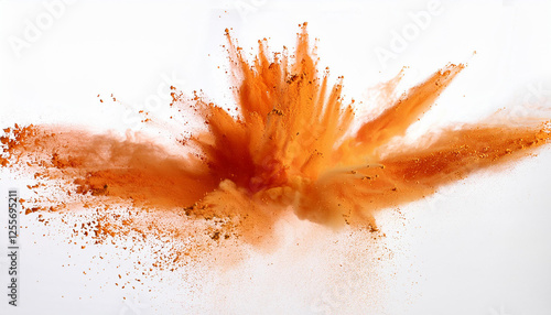 summary orange powder explosion closeup of orange dust particle splash remoted on white historical past