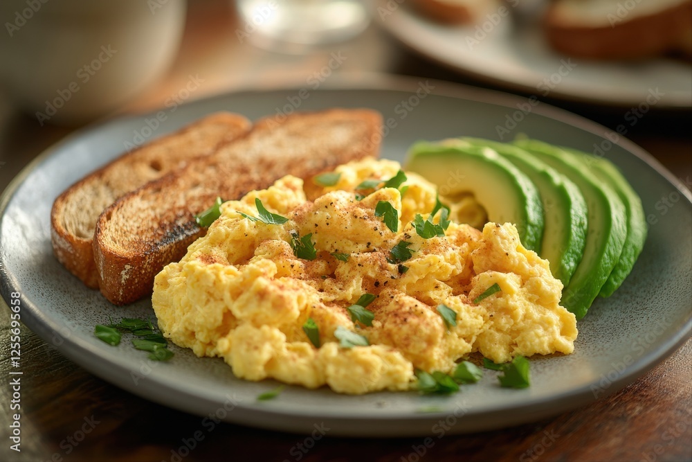 Scrambled eggs and avocado toast kitchen food photography cozy home close-up healthy breakfast Scrambled eggs and avocado toast kitchen food photography cozy home close-up healthy breakfast