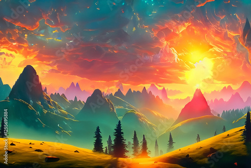 fantasy wordl with mountains and sunset ai generated