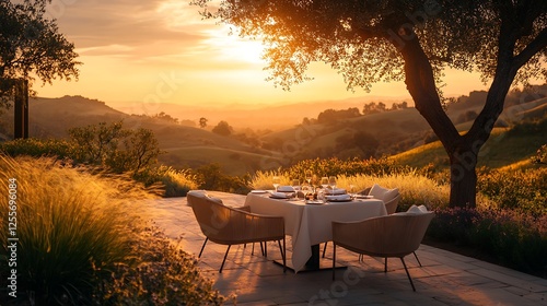 A serene outdoor dining setup on a terrace overlooking rolling hills, bathed in golden sunset light, elegant table settings with soft beige linens and cozy seating, tranquil rural charm,