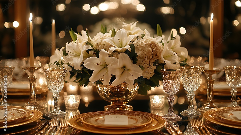 A sophisticated dining table adorned with gold-rimmed plates, crystal glassware, and an elegant floral display of lilies and hydrangeas, soft candlelight reflecting off mirrored surfaces, warm, A sophisticated dining table adorned with gold-rimmed plates, crystal glassware, and an elegant floral display of lilies and hydrangeas, soft candlelight reflecting off mirrored surfaces, warm,