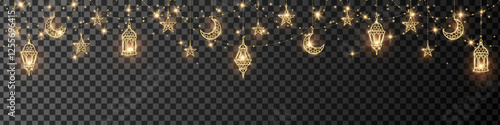 Ramadan or Al-Adha golden seamless decoration. Hanging lanterns, crescent, stars. Traditional islamic lamps, shiny border. Muslim holidays frame. Transparent background can be removed in vector file.