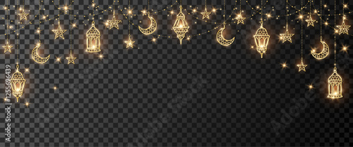 Ramadan or Al-Adha golden shiny decoration. Hanging lanterns, crescent, stars. Traditional islamic lamps, shiny border. Muslim holidays frame. Transparent background can be removed in vector format.