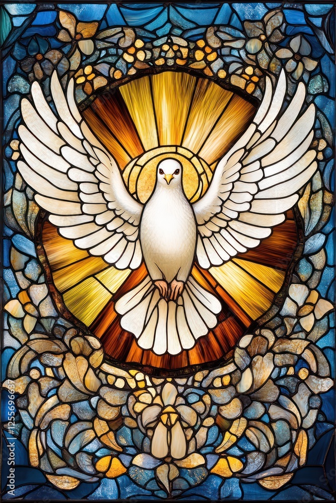 Obraz premium A dove, representing the Holy Spirit, emerges from a radiant background of stained glass, embodying peace and unity. This artwork reflects key Christian celebrations