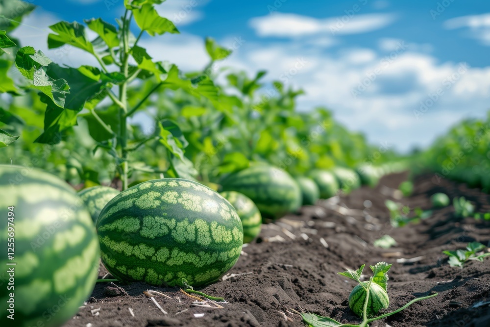 Watermelon. Ripe watermelons in a field, clear blue sky. Rows of ripe watermelons harvest, vibrant plantation landscape. Large watermelons have dark green stripes growing in fruit garden organic farm. Watermelon. Ripe watermelons in a field, clear blue sky. Rows of ripe watermelons harvest, vibrant plantation landscape. Large watermelons have dark green stripes growing in fruit garden organic farm.