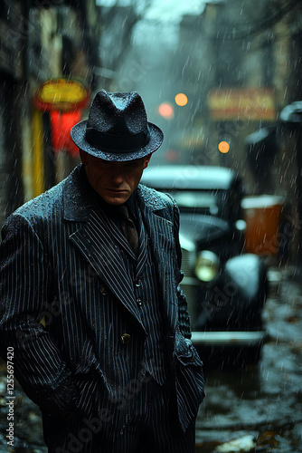 Mysterious pinstripe suit man in fedora stands in rainsoaked city street.  Dark, moody, film noir style. Ideal for crime thriller, vintage fashion, or detective story projects.