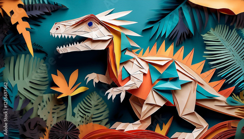 papercraft dinosaur version in a jungle setting