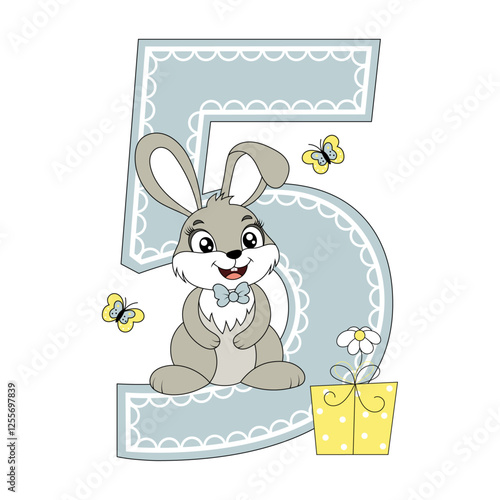 Wallpaper Mural Cute bunny with balloons, happy birthday five year old, five month old. Happy birthday card with character Rabbit. For design, decor, print, greeting cards. Torontodigital.ca