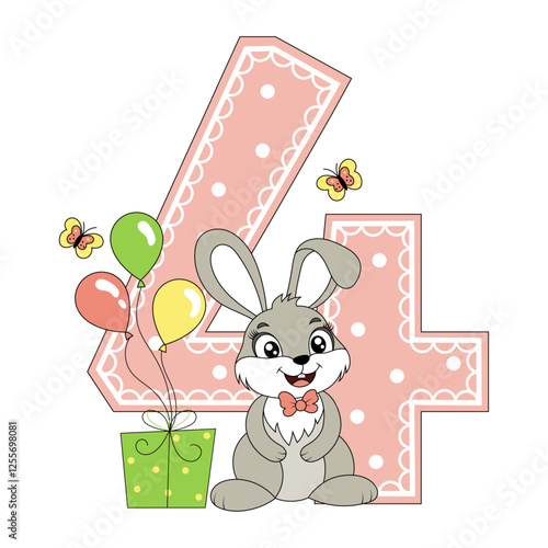 Wallpaper Mural Cute bunny with balloons, happy birthday four year old, four month old. Happy birthday card with character Rabbit. For design, decor, print, greeting cards. Torontodigital.ca